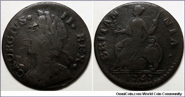 United Kingdom, 1747 ½ Penny, Obverse writing C W W  1881, KM#579.