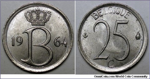 Belgium, 1964 25 Centimes, French text, KM#153.