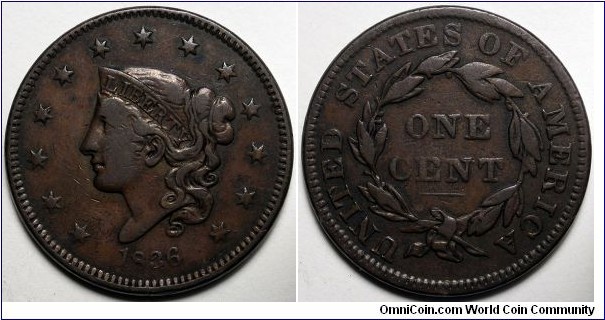 1836 Coronet head large cent.