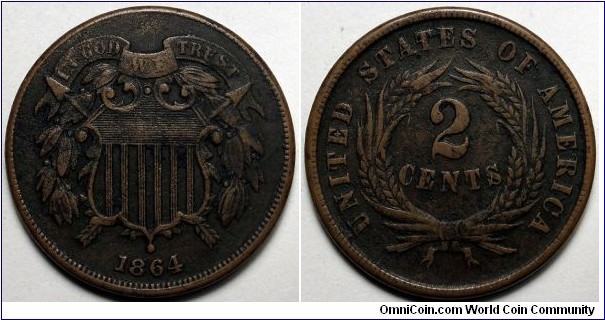1864 Two cent piece, Black surfaces.