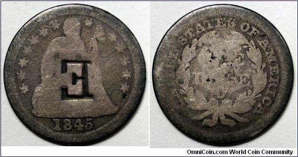 1845 Seated liberty dime, E counterstamp.