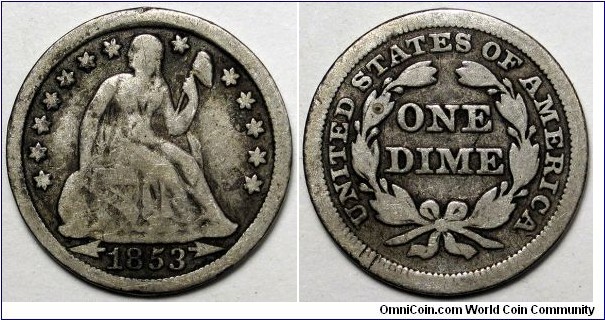 1853 Arrows seated liberty dime, old cleaning.