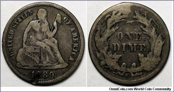 1889-S Seated liberty dime, dent on date.