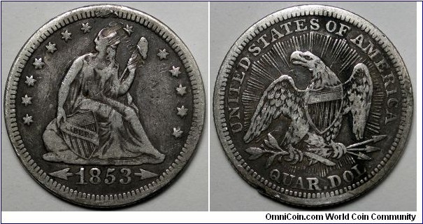 1853 Rays & arrows seated liberty quarter, obverse scrape.