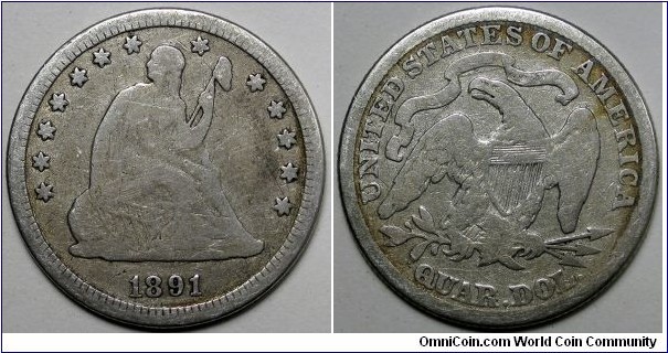 1891 Seated liberty quarter, cleaned.