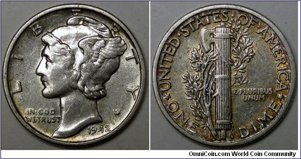 1942 Mercury dime, orange red reverse toning.