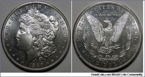 1880-S Morgan dollar, slightly prooflike.