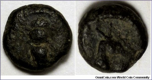 Ephesos, Ionia, AE 8mm. Circa 305-295 BC. Bee with straight wings within linear circle / E-Φ to left and right of head of stag right.