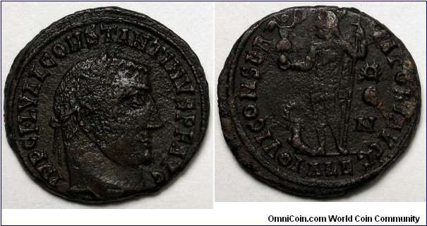 Constantine I, AE follis, Alexandria, AD 315. IMP C FL VAL CONSTANTINVS PF AVG, laureate head right / IOVI CONSER-VATORI AVGG, Jupiter standing left, chlamys across left shoulder, holding Victory on globe and sceptre; eagle with wreath at foot left. Wreath over Epsilon over N in right field. Mintmark ALE.