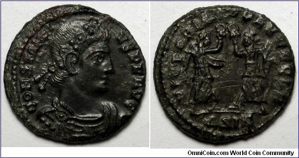 Constantius II AE3. 347-348 AD. CONSTANTIVS P F AVG, rosette diademed, draped, cuirassed bust right / VICTORIAE DD AVGG Q NN, two Victories facing each other holding wreaths. Mintmark Delta SIS