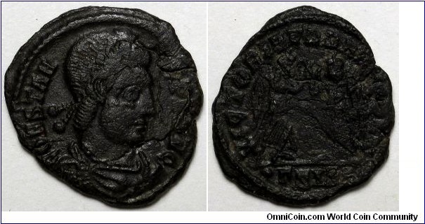Constans AE3. CONSTAN-S PF AVG, rosette-diademed, draped, cuirassed bust right / VICTORIAE DD AVGGQ NN, two Victories facing each other with wreaths. Mintmark: ΓSIS.