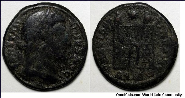 Constantine AE follis. 328-9 AD. CONSTANTINVS MAX AVG, rosette-diademed, draped and cuirassed bust right / PROVIDENTIAE AVGG, campgate with two turrets and no doors, star above. Mintmark BSIS double crescent.