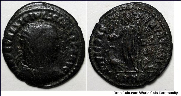Licinius I AE Follis. 321-324 AD. IMP C VAL LICIN LICINIVS PF AVG, radiate draped and cuirassed bust right / IOVI CONSERVATORI, Jupiter standing left holding Victory, eagle left, captive right, X over II Mu to right. Mintmark SMNB.