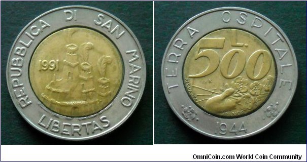 San Marino 500 lire.
1991, Bimetal.