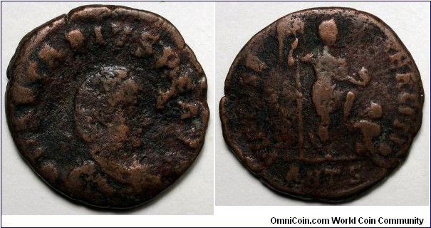 Arcadius, Antioch, 383-388 AD. DN ARCADIVS PF AVG, pearl-diademed, draped, cuirassed bust right / VIRTVS E-XERCITI, emperor standing right, holding labarum and globe, left foot on a captive's back. Mintmark ANTS.