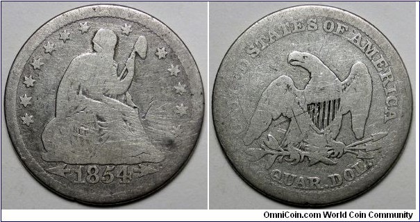 1854 Arrows seated liberty quarter, cleaned.