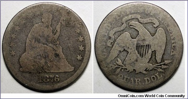 1876 Seated liberty quarter, obverse dents.