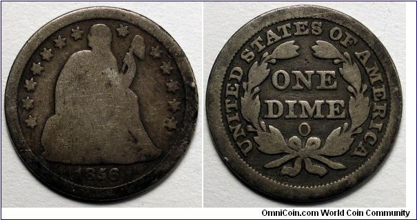 1856-O Seated liberty dime.