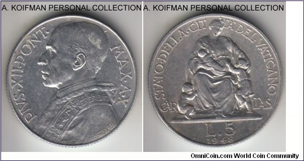 KM-42, 1948 Vatican/X year of Pius XII 5 lire; aluminum, reeded edge; toned about uncirculated, but some aluminum corrosion on obverse, mintage 74,000.