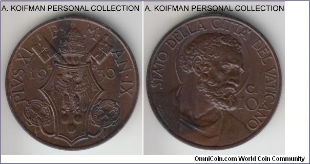 KM-2, 1930 Vatican /Year IX of Pius XI  10 centesimi; bronze, plain edge; dark brown uncirculated, but stained on both sides, mintage  90,000.