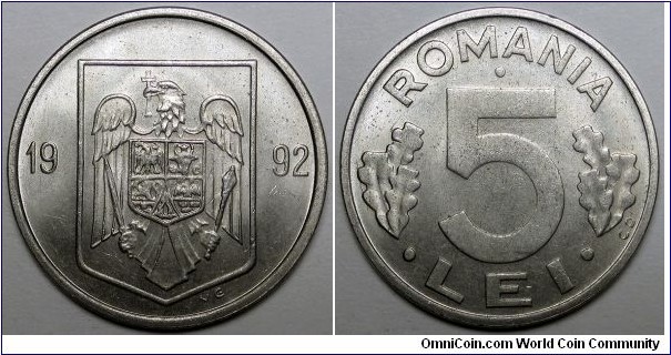 Romania, 1992 5 Lei, KM#114.