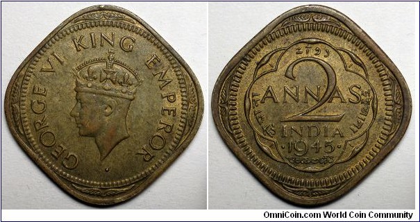 British India, 1945 2 Annas dot Bombay, KM#543. 