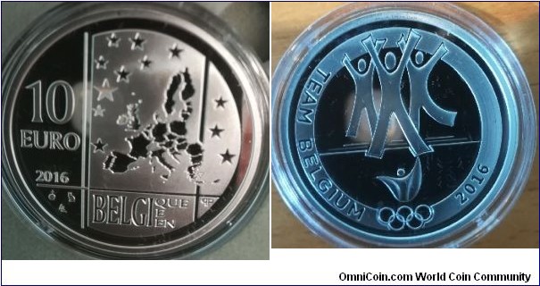 10 euro 2016 - Olympic Team Belgium. Ag 0.925. Designer: Luc Luycx, Vincent Hontoir. Mintage 10,000