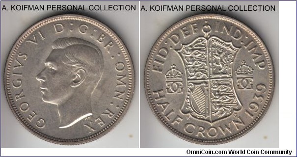 KM-856, 1939 Great Britain half crown; silver, reeded edge; few bagmarks, otherwise average uncirculated.