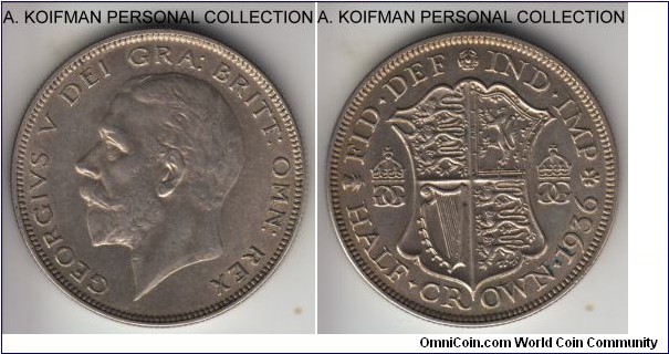 KM-835, 1936 Great Britain 1/2 crown; silver, reeded edge; extra fine or so, pleasant toning, last year of George V mintage.