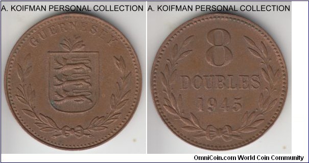 KM-14, 1945 Guernsey 8 doubles, Heaton mint (H mint mark); bronze, plain edge; post WWII issue, common, good extra fine, some original luster still showing through.