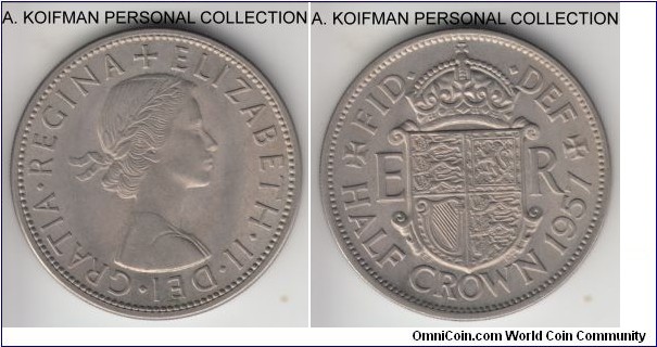 KM-907, 1957 Great Britain half crown; copper-nickel, reeded edge; one of the more common early Elizabeth II years, toned average uncirculated.