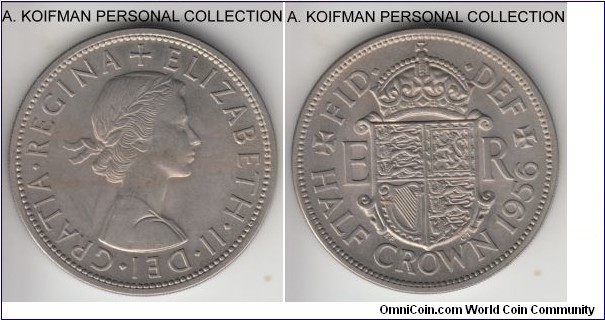 KM-907, 1956 Great Britain half crown; copper-nickel, reeded edge; average uncirculated or almost, heavier toning on obverse, one of the less common early years.