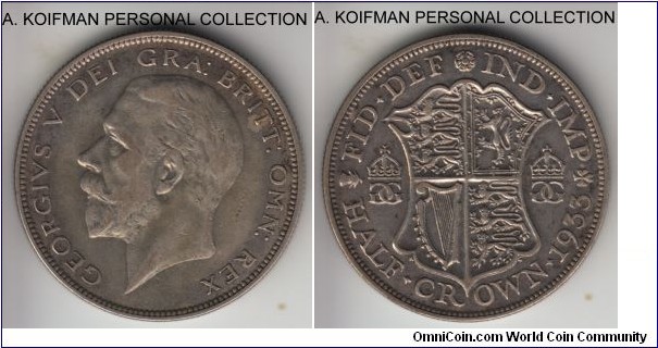 KM-835, 1933 Great Britain 1/2 crown; silver, reeded edge; nicer very fine, dull obverse and pleasantly toned reverse, not rare but a scarcer year.