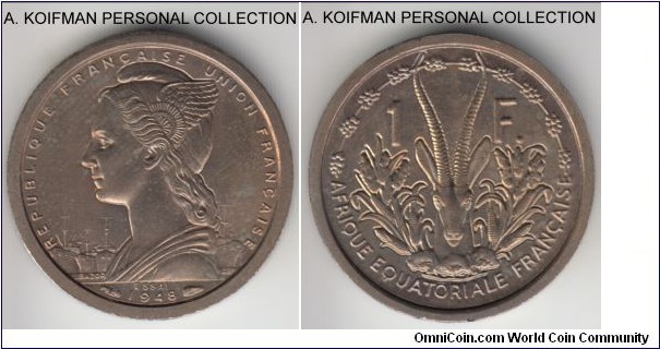 KM-E1, 1948 French Equatorial Africa franc; essai, copper-nickel, plain edge; toned uncirculated, mintage of 2,000.