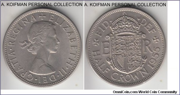 KM-907, 1955 Great Britain half crown; copper-nickel, reeded edge; average uncirculated or almost, heavier toning on obverse, one of the less common early years.