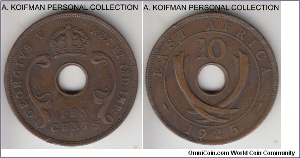 KM-19, 1925 East Africa 10 cents, Royal mint (nomint mark); bronze, plain edge; fine or better, few edge bruises.