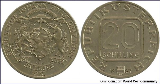 Austria 20 Schilling 1987 - 300th Anniversary of Birth of Salzburg's Archbishop J.E.Graf Thun