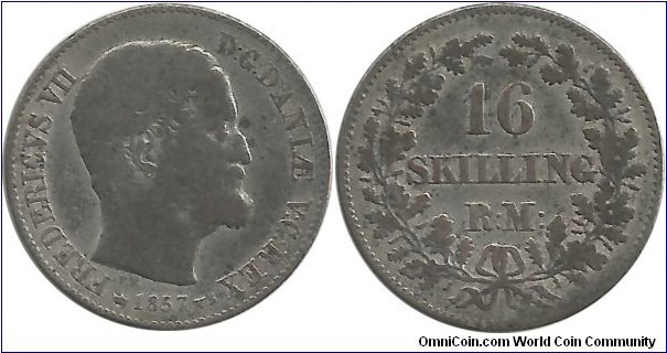 Denmark 16 Skilling 1857(c)VS - King Frederik VII (3.90 g / .500 Ag)