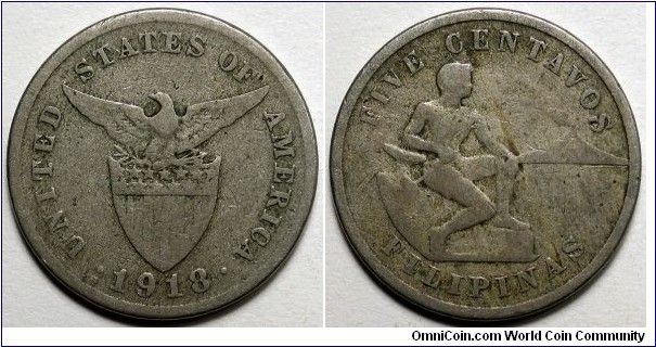 Philippines, 1918-S 5 Centavos, KM#164.