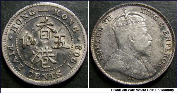 Hong Kong 1903 5 cents. Nice condition! Weight: 1.36g