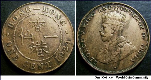Hong Kong 1924 1 cent. Cleaned. Weight: 7.42g