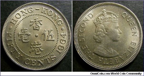 Hong Kong 1964 50 cents. Nice condition! Weight: 5.80g