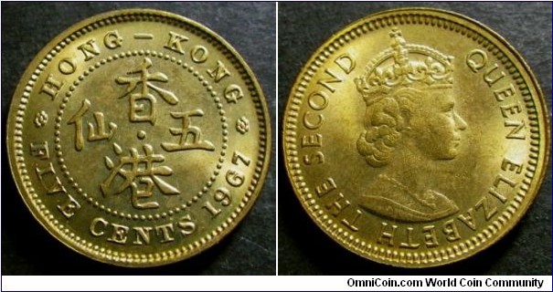 Hong Kong 1967 5 cents. Nice condition! Weight: 2.60g
