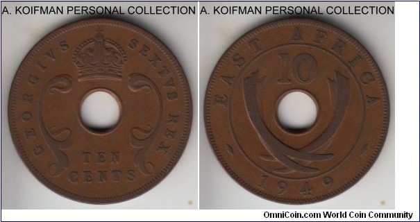 KM-34, 1949 East Africa 10 cent; bronze, plain edge; very fine or about, common.