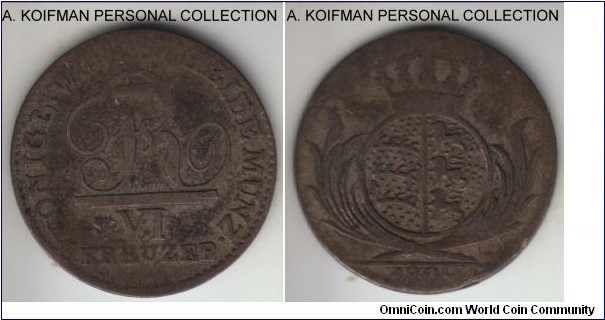 KM-495, 1809 German States Wurttemberg 6 kreuzer; silver; well worn, good or about but scarcer type.