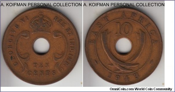 KM-26.2, 1943 East Africa 10 cents, Pretoria mint (SA mint mark); bronze, plain edge; average circulated, good fine to very fine.
