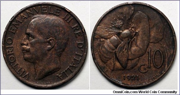 Italy, 1921-R 10 Centesimi, KM#60.