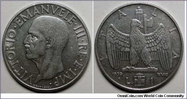 Italy, 1939-R 1 Lira, VXIII Non-magnetic, KM#77a.