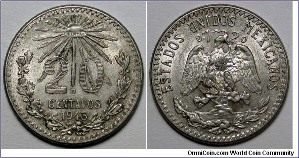 Mexico, 1943-M 20 Centavos, KM#438.