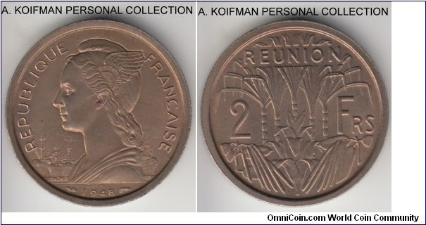 KM-E4, 1948 Reunion 2 francs, Paris mint; essai, copper-nickel, plain edge; mintage 2,000, nice toned specimen.